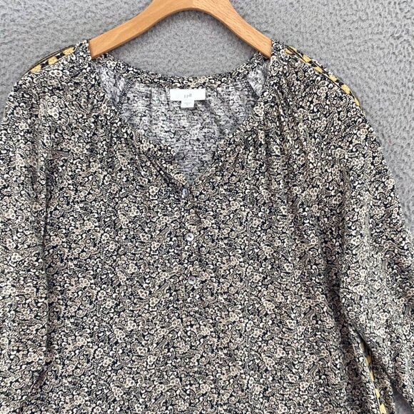 J Jill Top Womens Medium Ivory Black Floral 1/4 Button Long Sleeve Stretch Knit - Picture 2 of 10